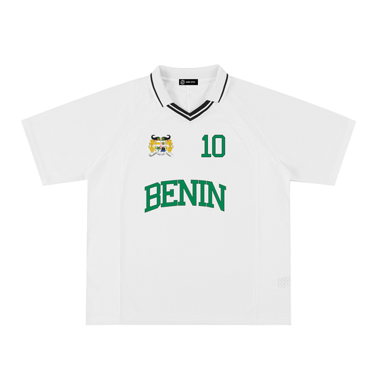 Benin Sports striped V-neck oversized jersey by ODMPOD, featuring bold horizontal stripes and relaxed fit, displayed on a hanger.