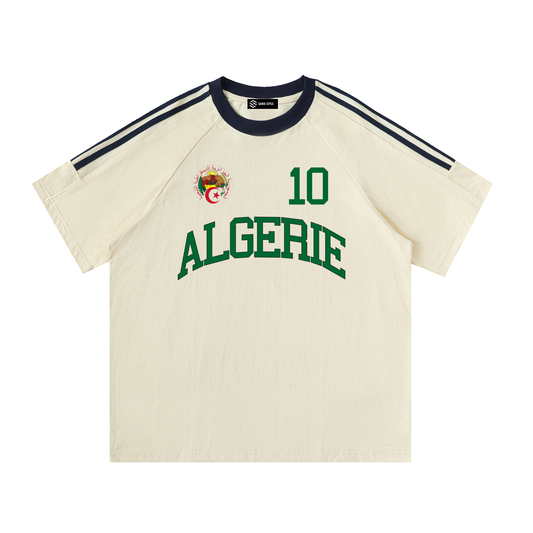 ODMPOD Algeria sports crewneck cotton T-shirt with a casual fit and bold Algerian flag design on the front.