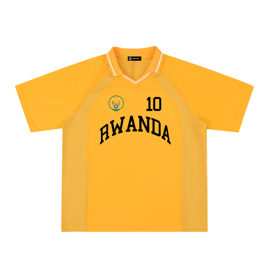 Rwanda sports jersey by ODMPOD with coat of arms and personalized number 10, shown on a mannequin.