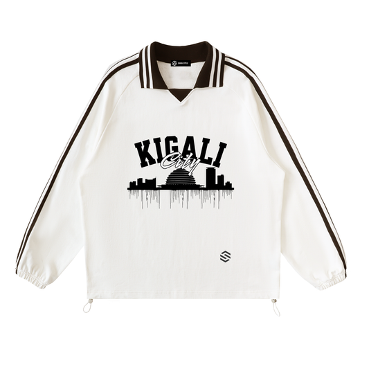 Kigali City Rwanda Sweatshirt – Contrast Striped Lapel Collar | Unisex Loose Fit