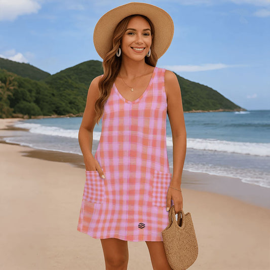 Women's Casual Sleeveless Sundress with Pockets – Soft Faux Cotton All-Over Print