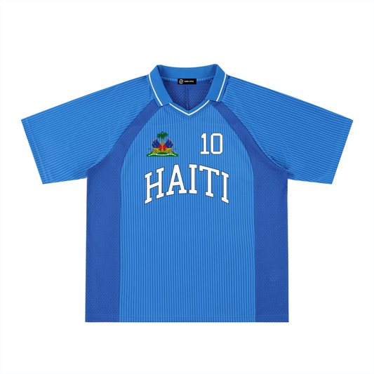 ODMPOD Haiti Sports oversized striped V-neck jersey shown in image, featuring bold horizontal stripes and relaxed fit.
