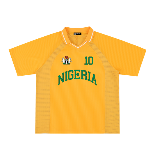 Nigeria Sports Striped V-Neck Soccer Jersey by ODMPOD, unisex oversized style with vibrant stripes and team logo on the front.