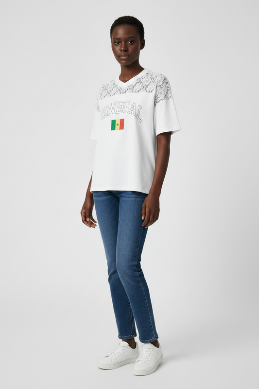 Senegal Lace Panel V-Neck Tee