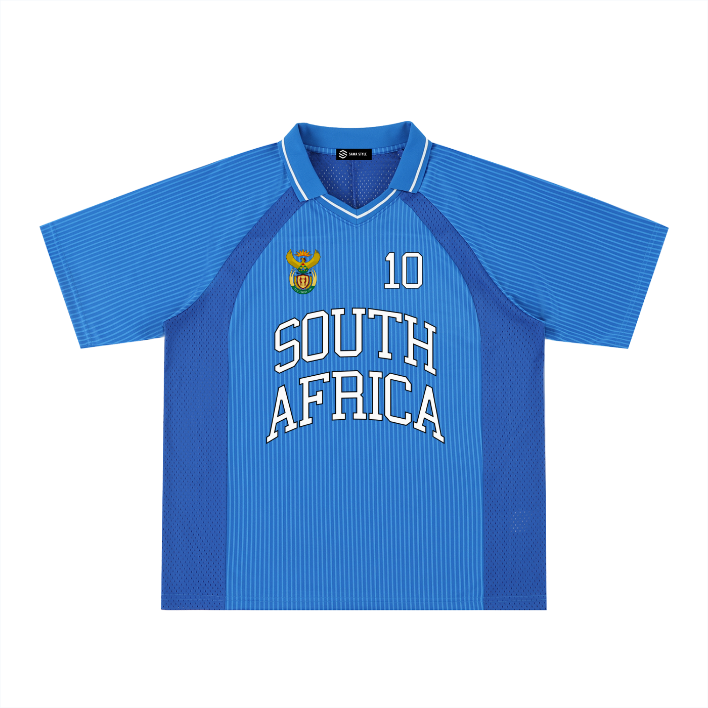 South Africa sports striped V-neck oversized soccer jersey by ODMPOD, featuring bold red, green, and black stripes with team emblem.