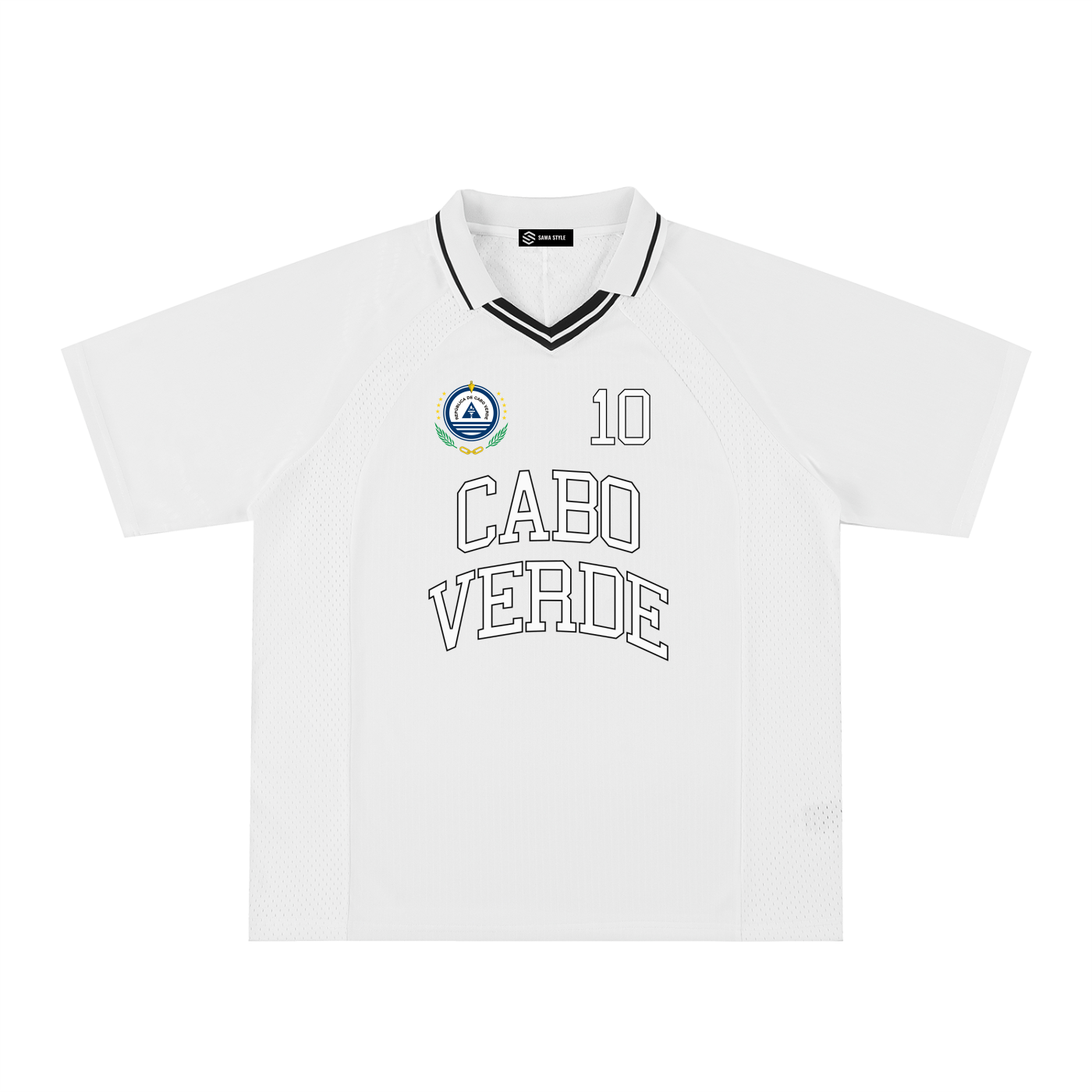 ODMPOD Cabo Verde sports striped V-neck jersey with bold blue, white, and green horizontal stripes on soft knit fabric