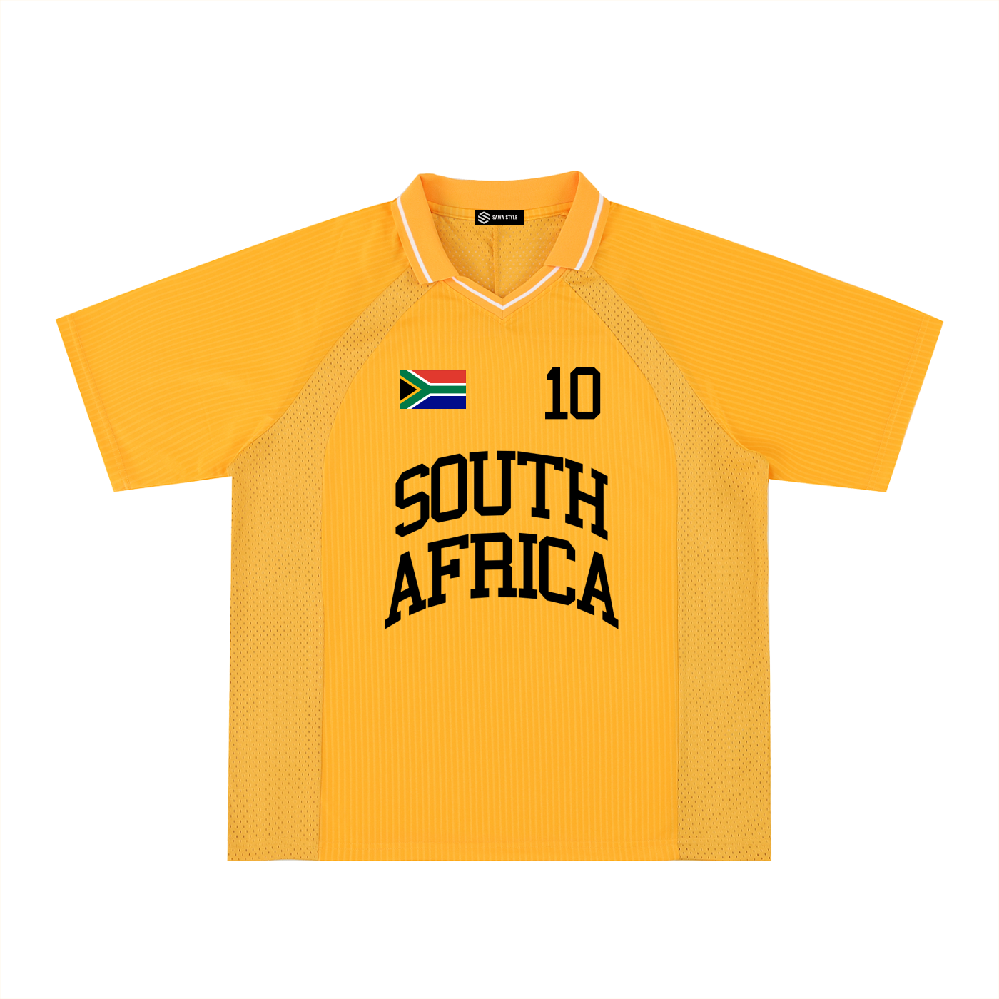 South Africa sports V-neck oversized soccer jersey by ODMPOD, featuring team colors and design, displayed on a hanger.
