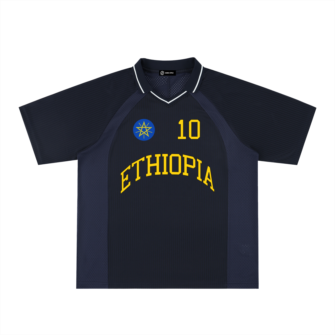 Ethiopia Sports Striped V-Neck Jersey by ODMPOD, featuring vibrant colors and athletic fit, displayed on a plain background.