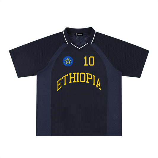 Ethiopia Sports Striped V-Neck Jersey by ODMPOD, featuring vibrant colors and athletic fit, displayed on a plain background.
