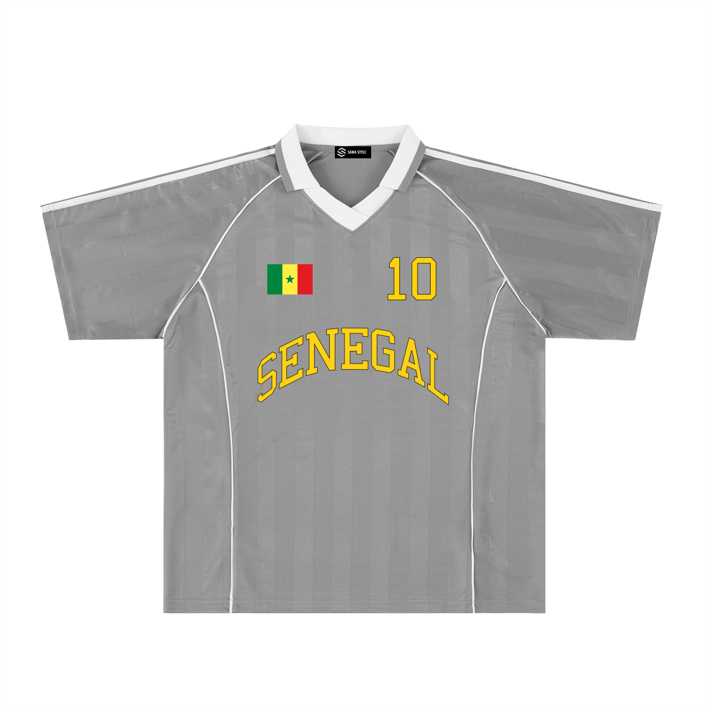 Senegal Sports Stripe Collared Oversized Jersey by ODMPOD, featuring bold stripes and a relaxed fit on a mannequin.
