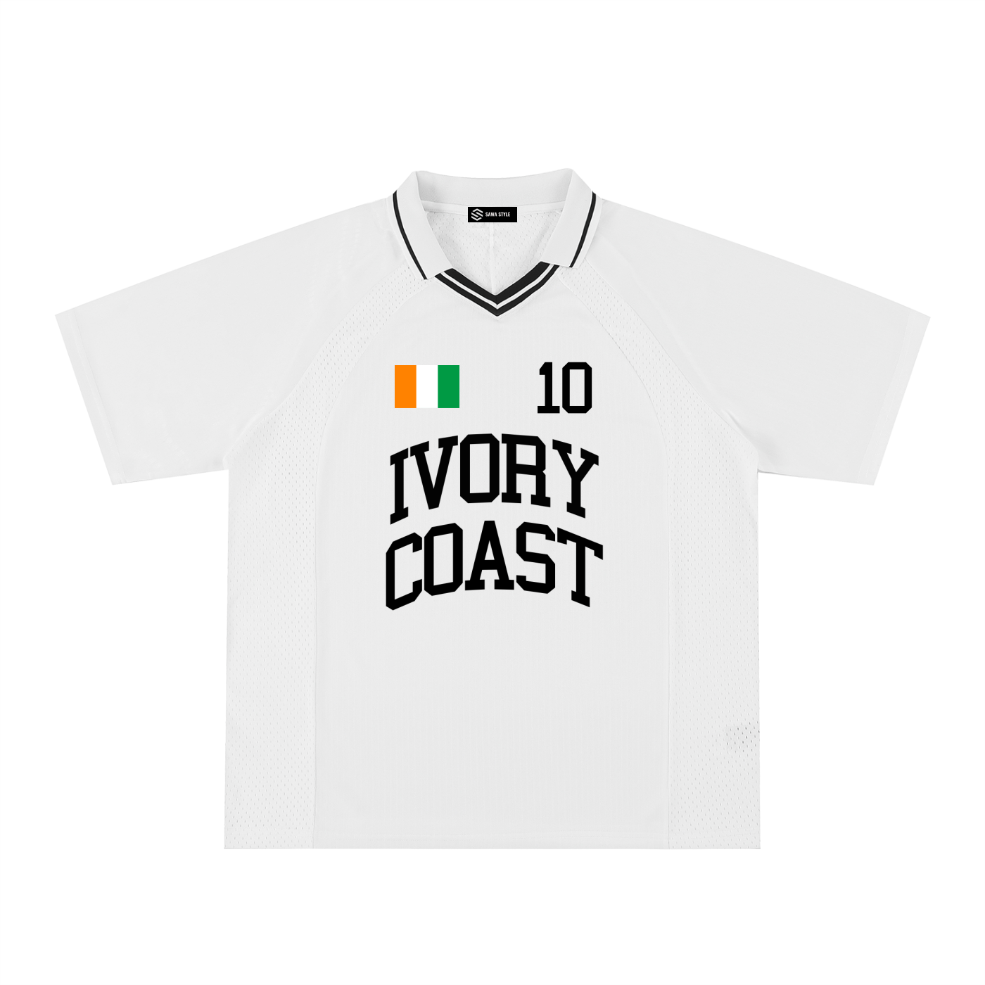 Ivory Coast unisex oversized soccer jersey by ODMPOD, featuring the team’s colors and logo, displayed flat on a white background.