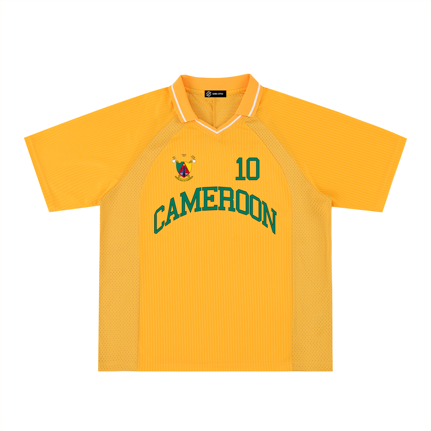 Cameroon sports oversized striped V-neck jersey by ODMPOD featuring bold black and green stripes on white fabric