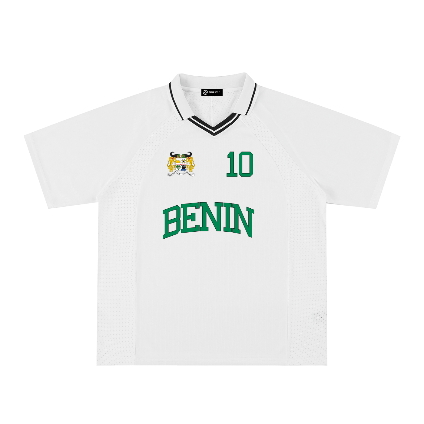 Benin Sports striped V-neck oversized jersey by ODMPOD, featuring bold horizontal stripes and relaxed fit, displayed on a hanger.