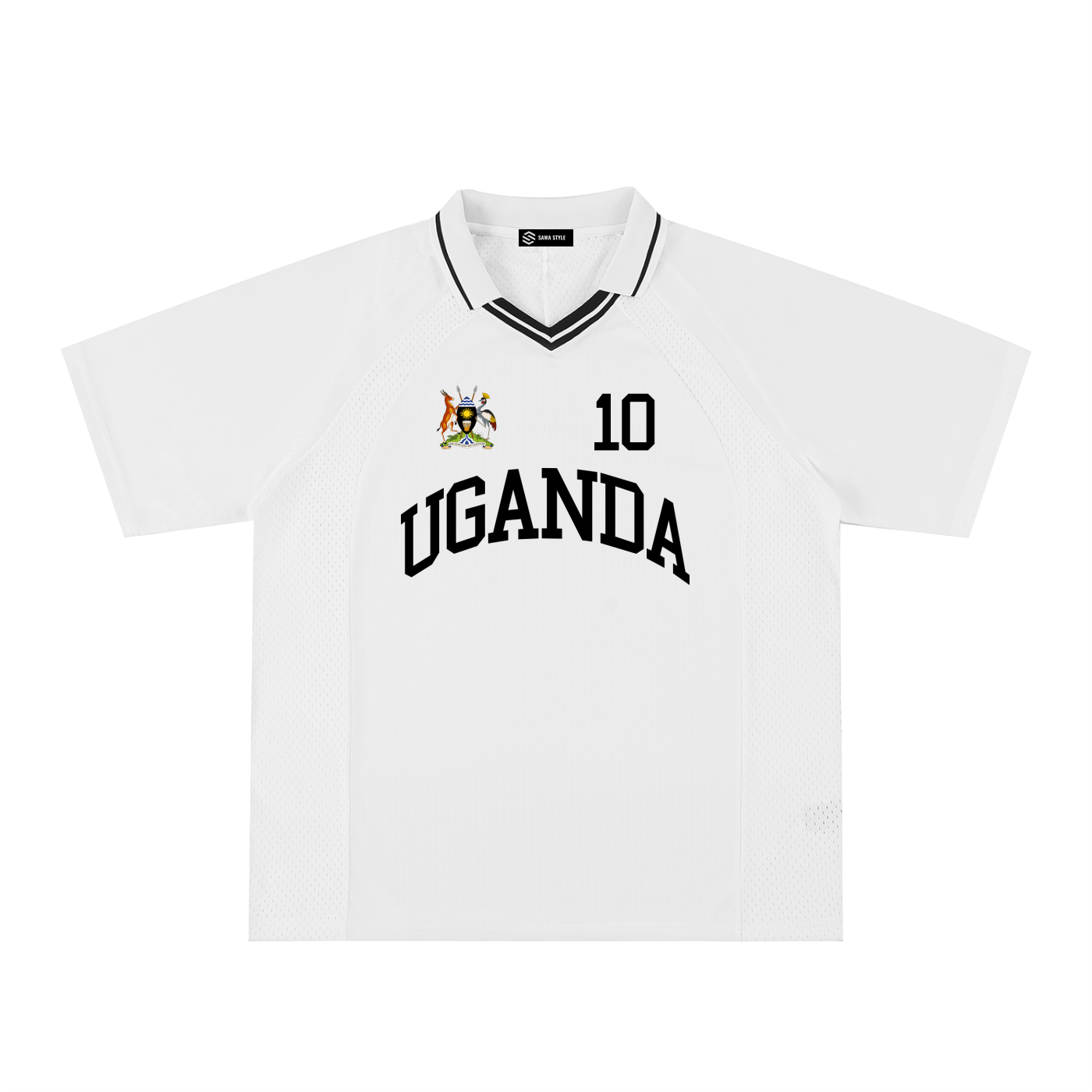Uganda Sports Striped V-Neck Jersey by ODMPOD, featuring green, black, and white horizontal stripes and a V-neck design.
