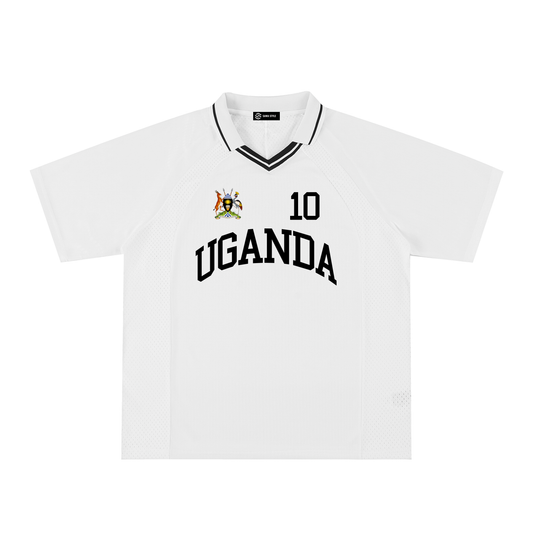 Uganda Sports Striped V-Neck Jersey by ODMPOD, featuring green, black, and white horizontal stripes and a V-neck design.