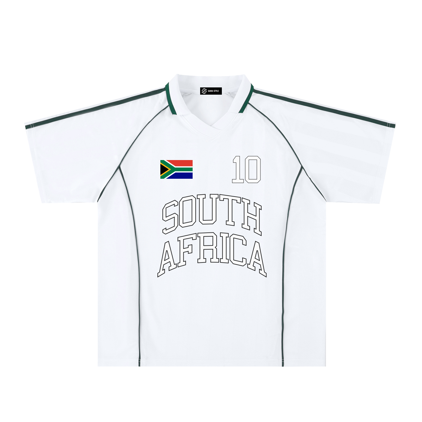 South Africa sports stripe collared jersey by ODMPOD, featuring vibrant green, yellow, and black stripes with a classic collar design.