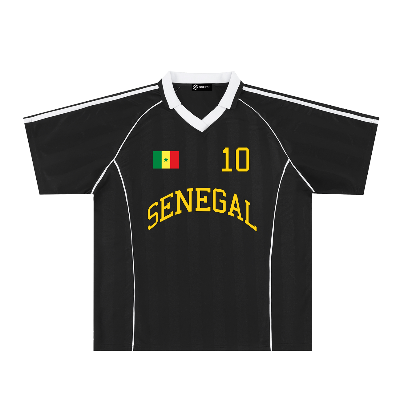 Senegal sports stripe oversized collared jersey by ODMPOD featuring bold stripes and a relaxed fit, displayed on a neutral background.