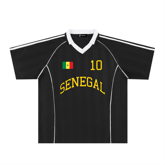 Senegal sports stripe oversized collared jersey by ODMPOD featuring bold stripes and a relaxed fit, displayed on a neutral background.