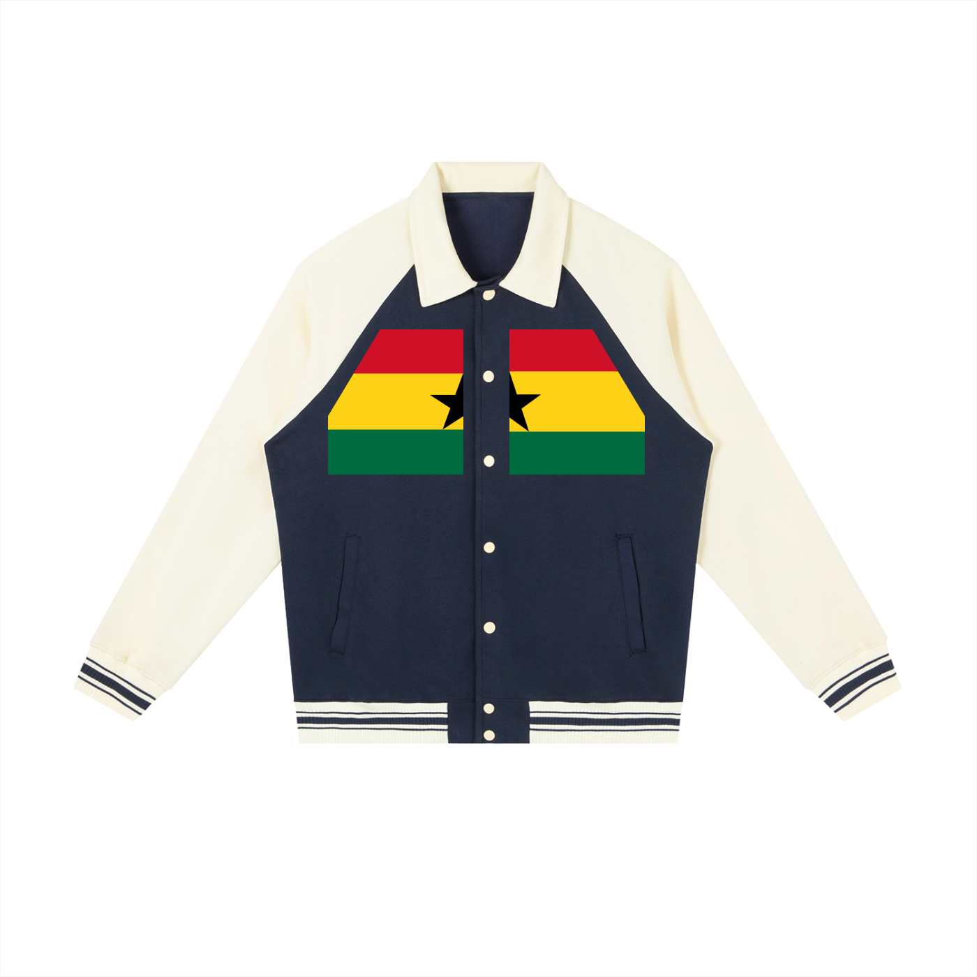 Customizable GHANA baseball jacket by ODMPOD featuring Ghana flag colors and design details on a stylish casual jacket