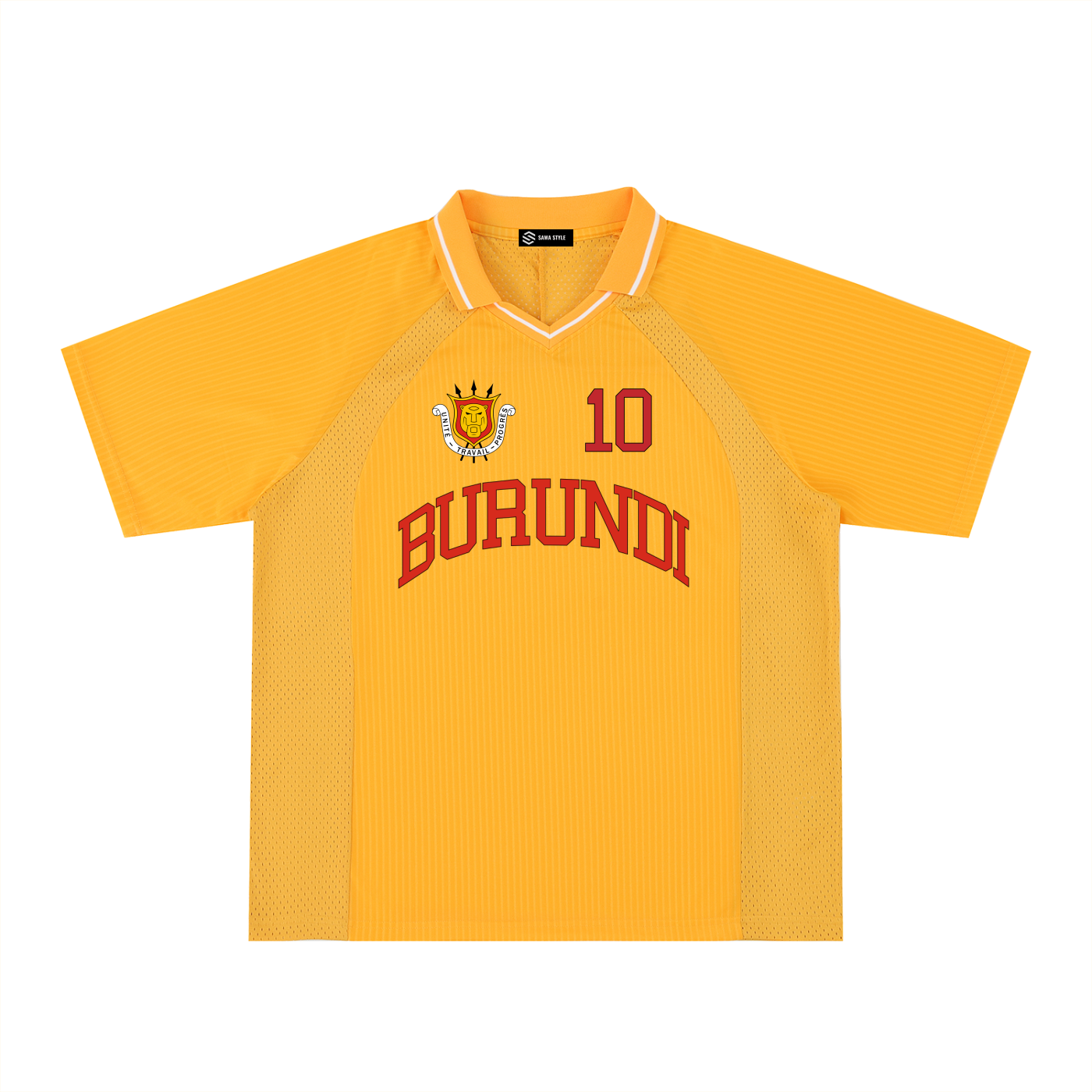 Burundi Sports Fan Jersey by ODMPOD with personalized number 10, featuring team logo and team colors on the front.