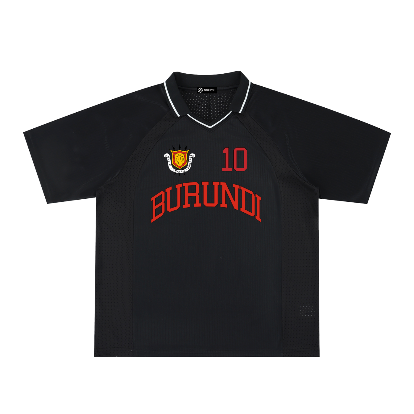 Burundi Sports Fan Jersey by ODMPOD with personalized number 10, featuring team colors and team logo on the front.