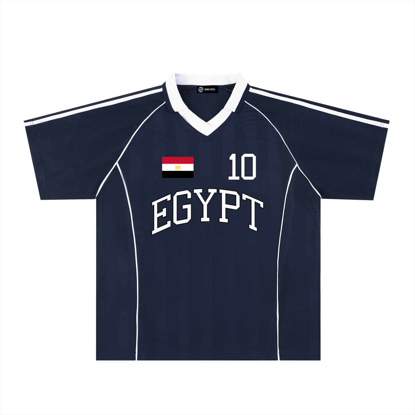 Egypt Sports Stripe Oversized Collared Soccer Jersey by ODMPOD featuring bold red, black, and white stripes and a classic collar style.