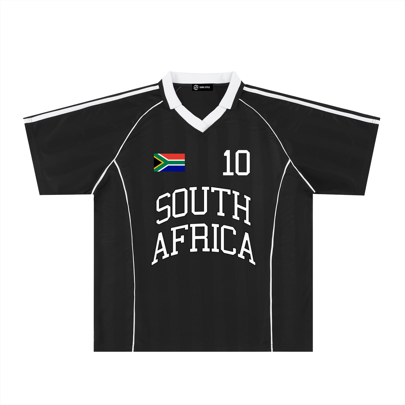 South Africa sports stripe collared jersey by ODMPOD featuring vibrant colors and athletic design.