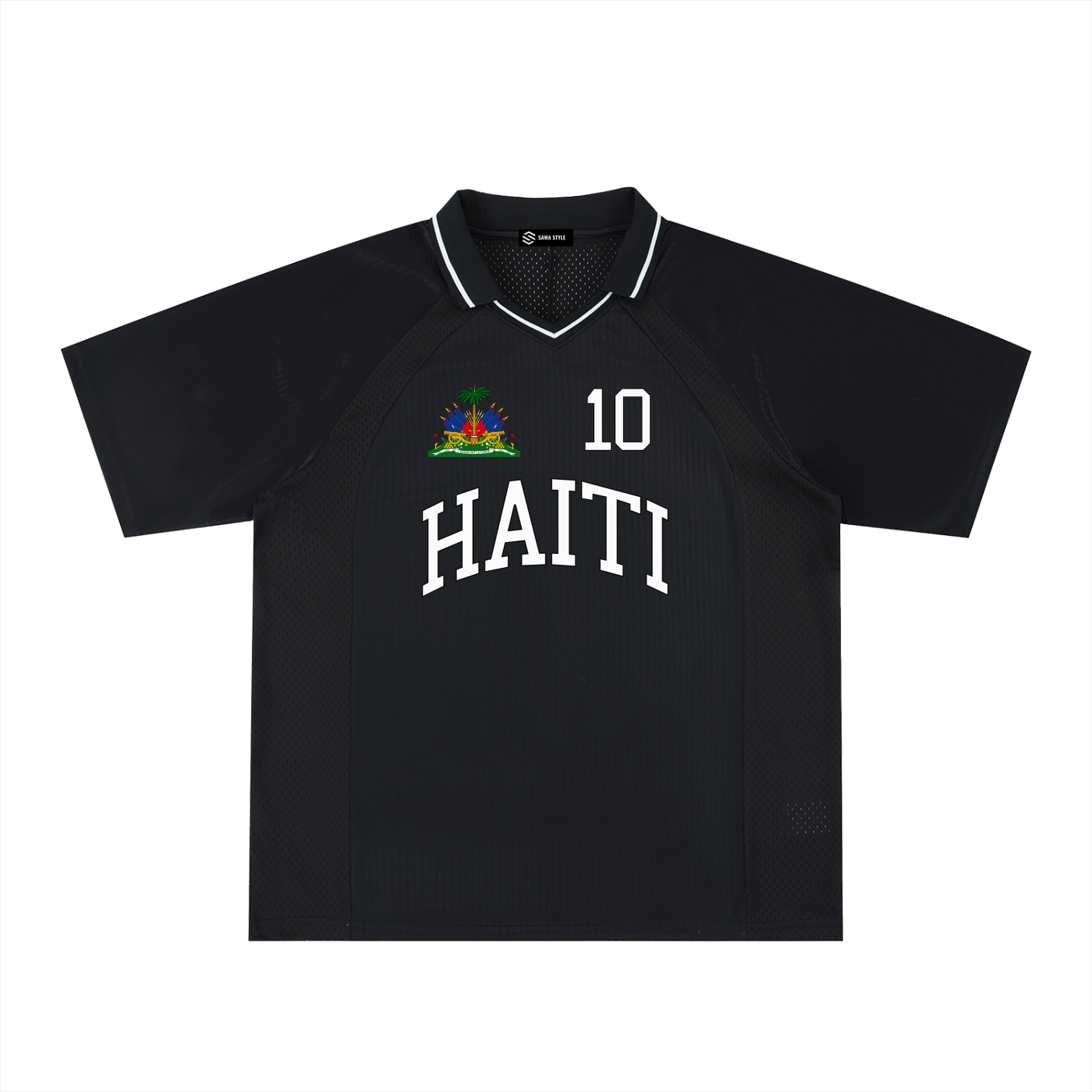 ODMPOD Haiti sports oversized striped V-neck jersey displayed on a hanger with bold blue and white stripes.