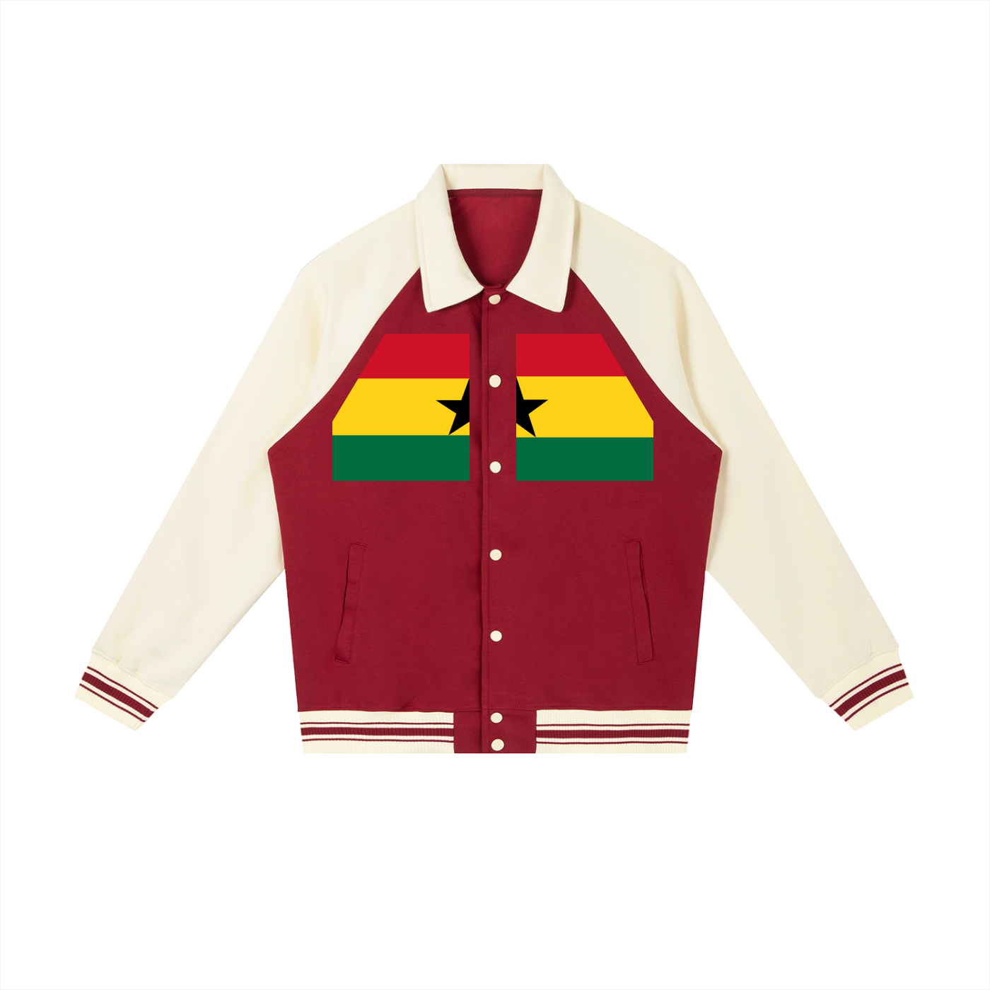 Customizable Ghana baseball jacket by ODMPOD featuring vibrant Ghana flag colors and a stylish, tailored fit.