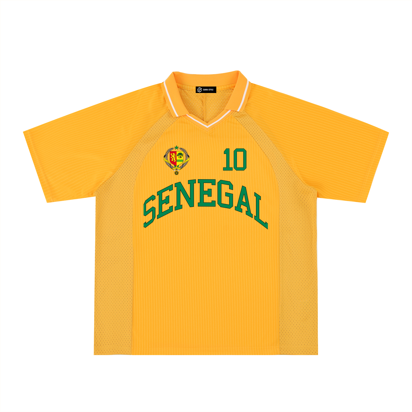 Senegal Sports unisex oversized soccer jersey by ODMPOD, featuring team colors and bold design, displayed flat on a white background.