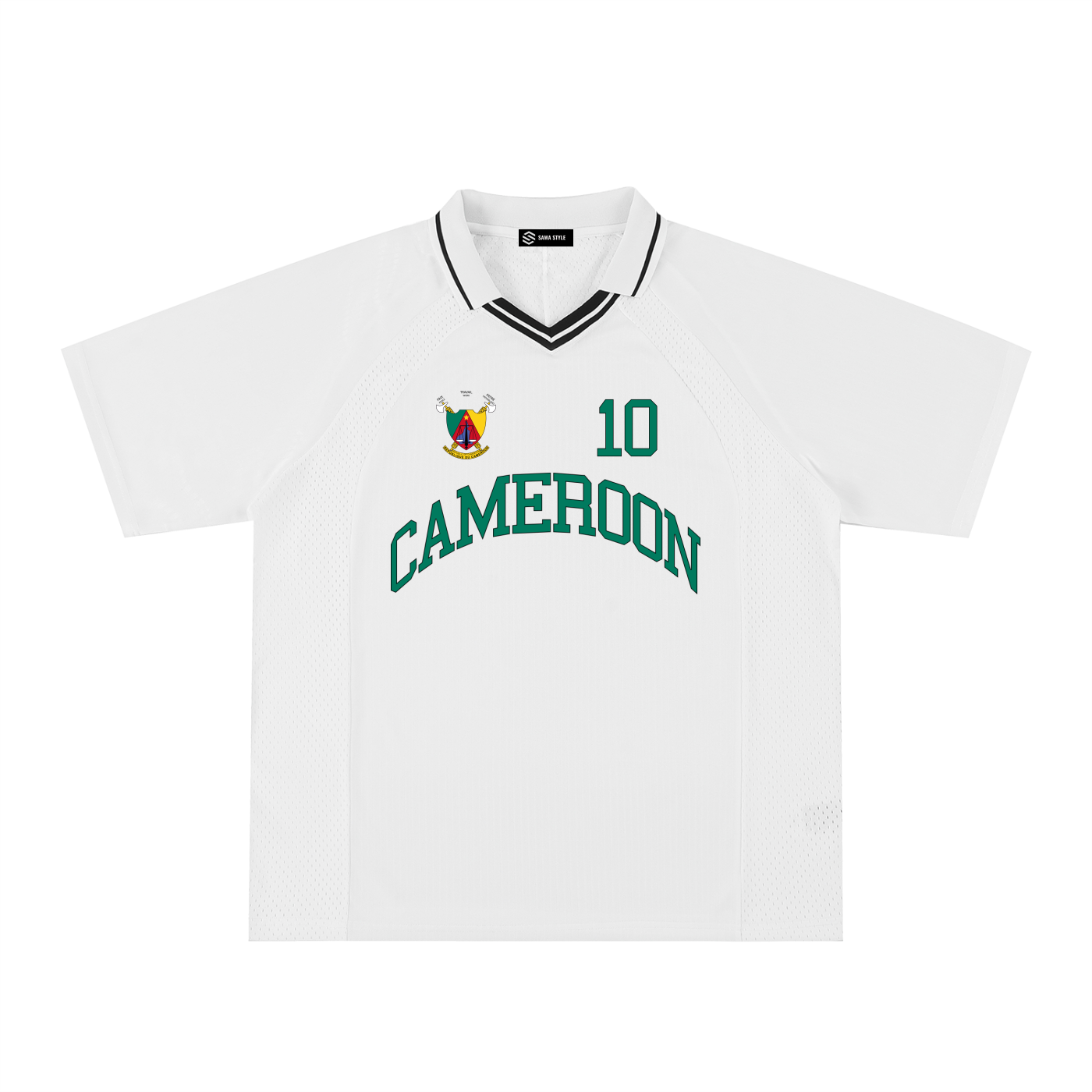 Cameroon sports oversized striped V-neck jersey by ODMPOD featuring green, yellow, and red horizontal stripes and a relaxed fit.