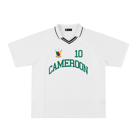 Cameroon sports oversized striped V-neck jersey by ODMPOD featuring green, yellow, and red horizontal stripes and a relaxed fit.