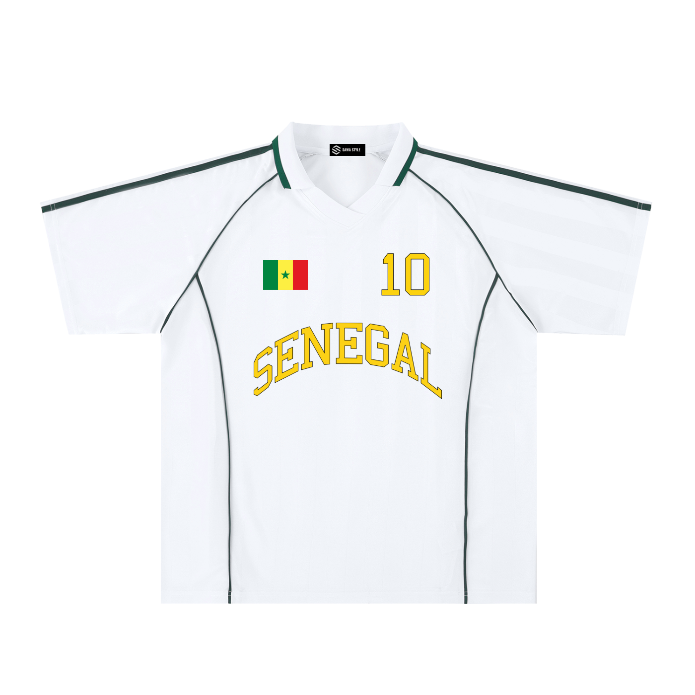 Senegal Sports Stripe Collared Oversized Jersey by ODMPOD, featuring bold stripes and a relaxed fit, displayed on a hanger.