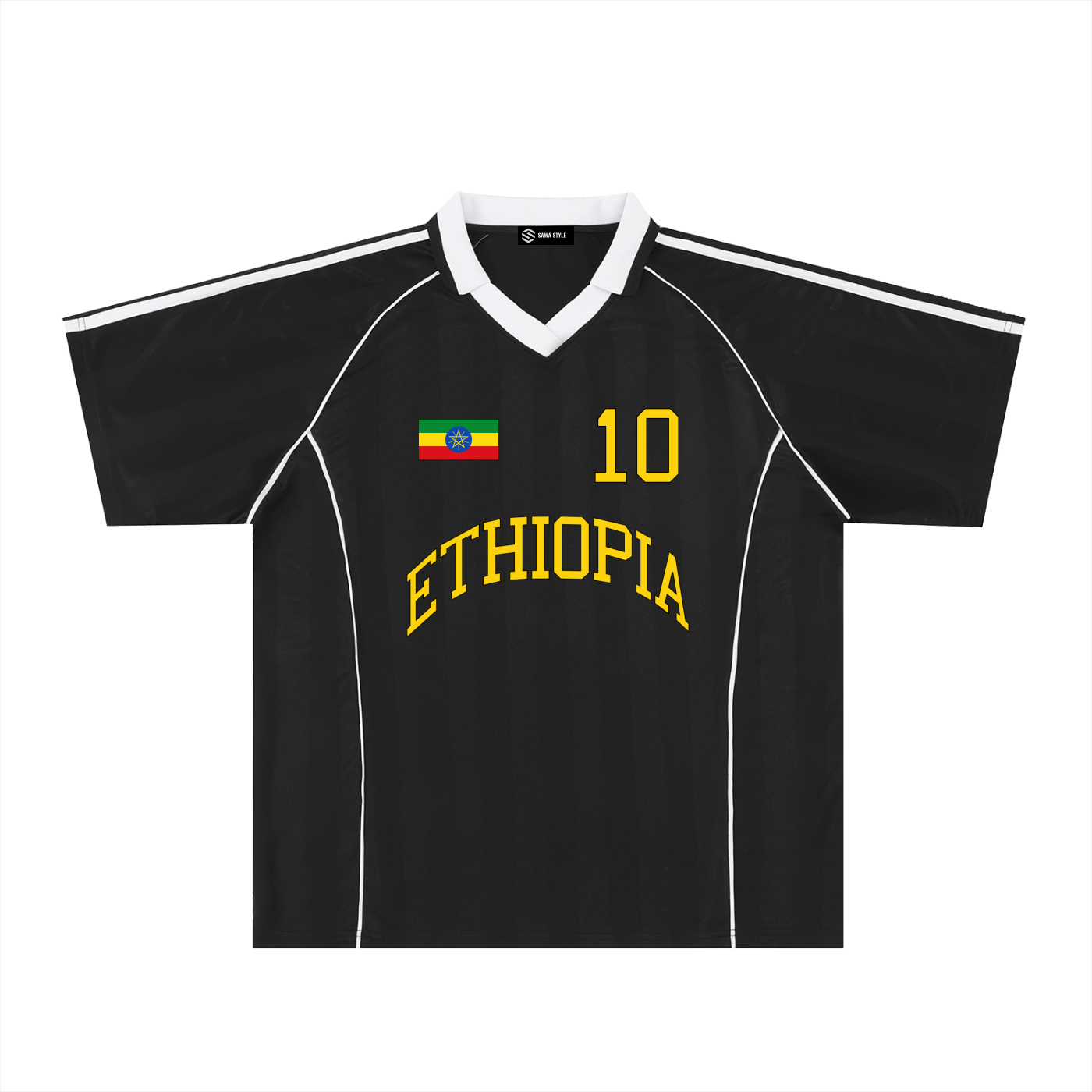 Ethiopia Sports Stripe Oversized Collared Soccer Jersey by ODMPOD with bold green and yellow stripes and a classic collar.