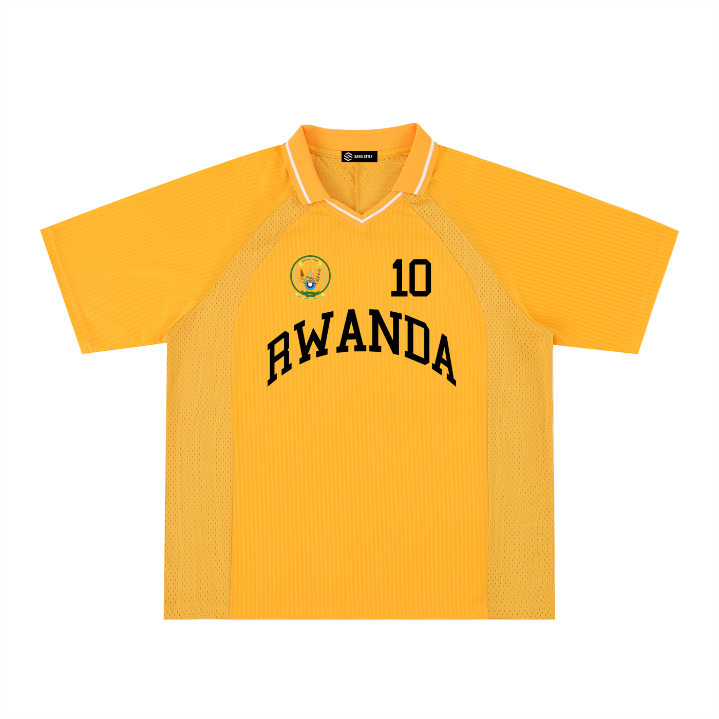 Rwanda sports jersey by ODMPOD with coat of arms and personalized number 10, shown on a mannequin.