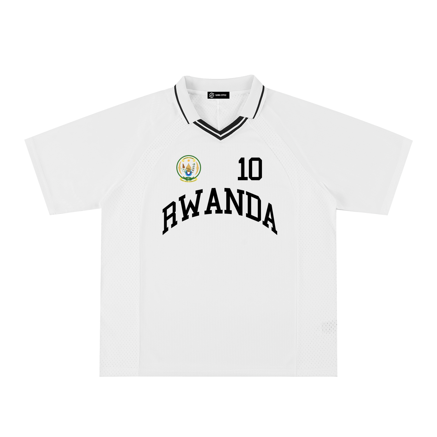 Rwanda sports jersey by ODMPOD featuring the coat of arms and personalized number 10 on the front.