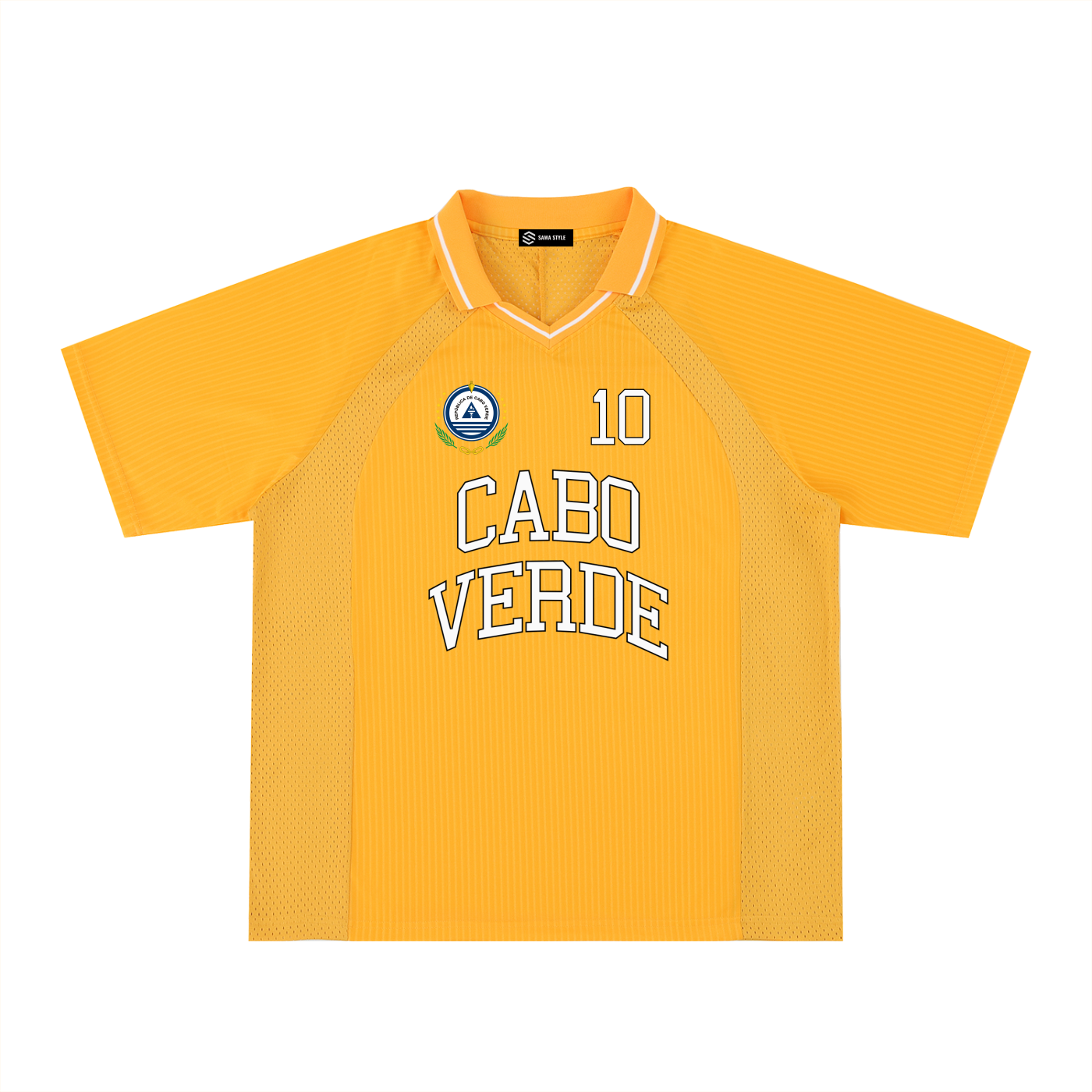 ODMPOD Cabo Verde sports striped V-neck jersey with bold blue, green, and white athletic design, front view, high-quality fabric.