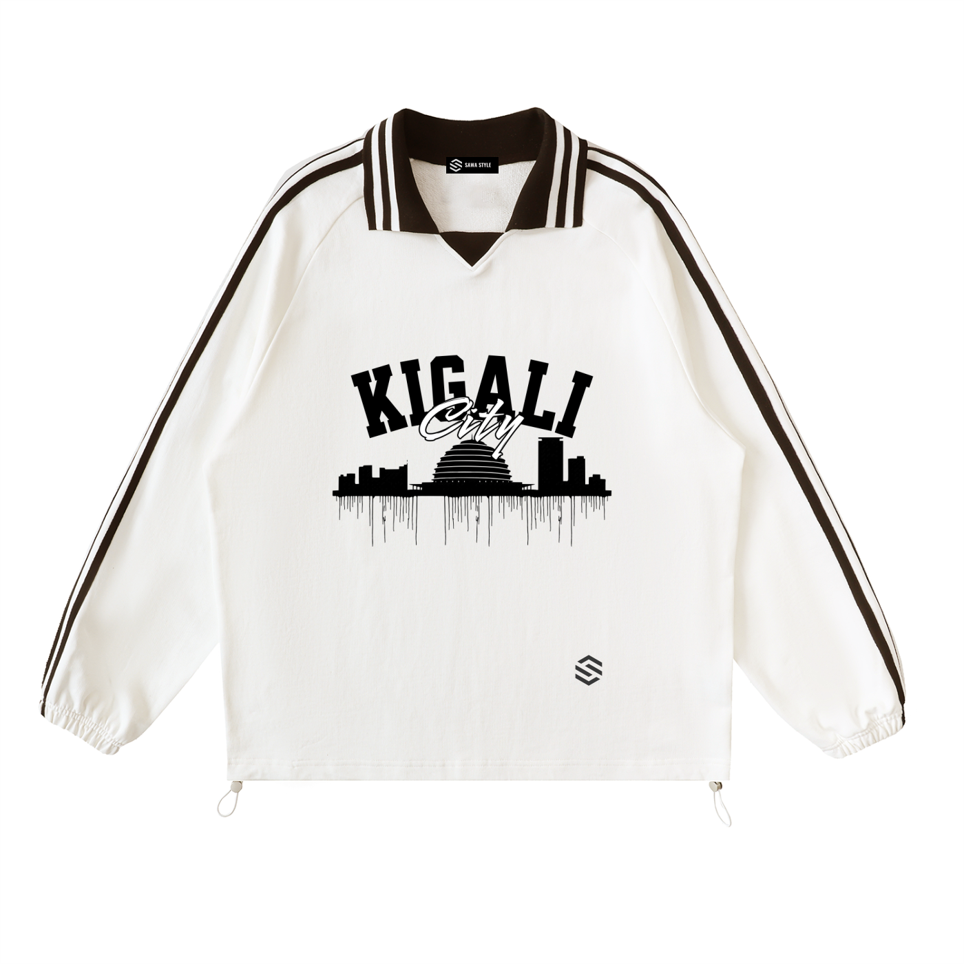 Kigali City Rwanda Sweatshirt – Contrast Striped Lapel Collar | Unisex Loose Fit
