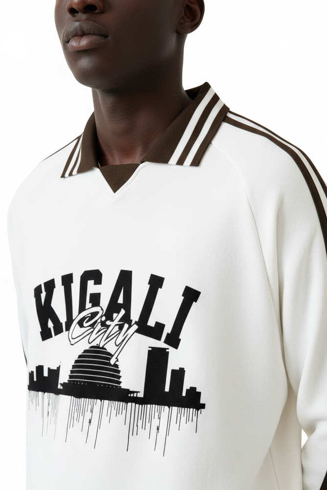 Kigali City Rwanda Sweatshirt – Contrast Striped Lapel Collar | Unisex Loose Fit