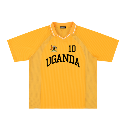 Uganda Sports Striped V-Neck Jersey by ODMPOD featuring green, black, and white horizontal stripes and a V-neck design.