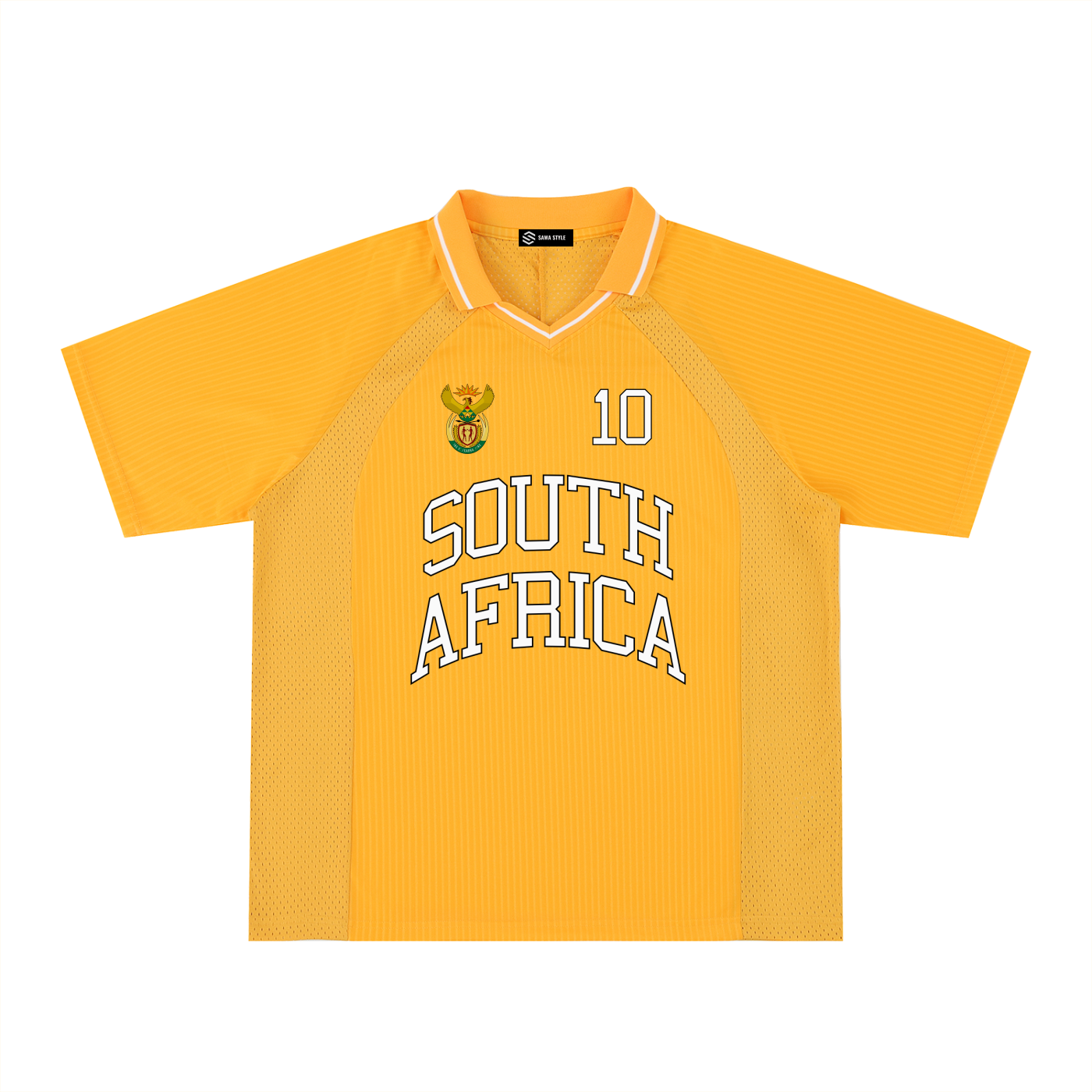 South Africa sports striped V-neck oversized soccer jersey by ODMPOD, featuring bold black, green, yellow, and white stripes.
