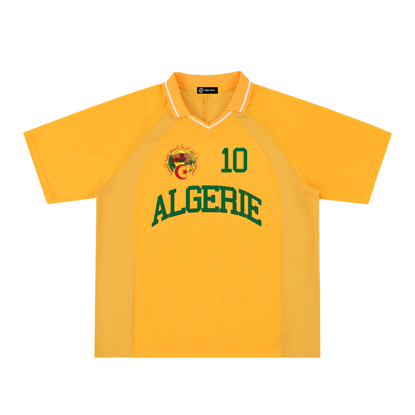 Algeria Algérie sports oversized V-neck jersey by ODMPOD featuring green, white, and red striped design and relaxed fit.
