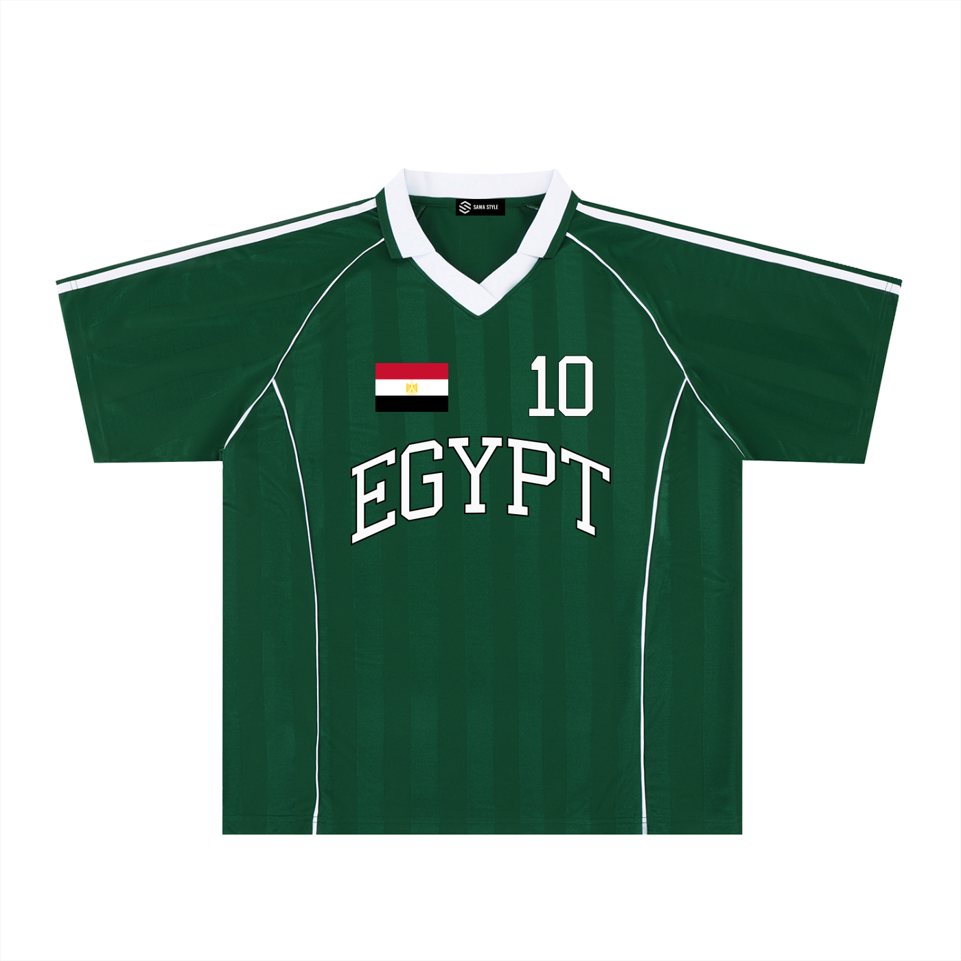 Egypt Sports Stripe Oversized Collared Soccer Jersey by ODMPOD featuring bold red, black, and white stripes and a classic collar.