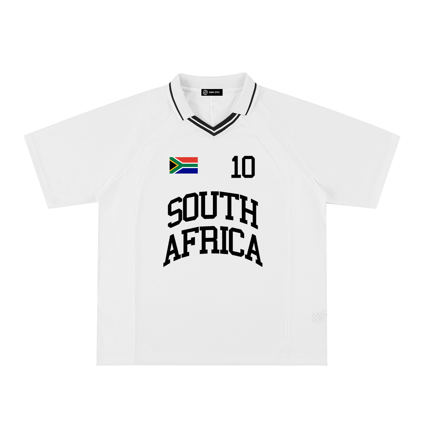 South Africa sports V-neck oversized soccer jersey by ODMPOD, featuring bold team logo and vibrant colors.