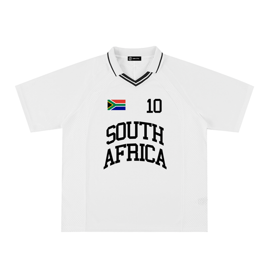 South Africa sports V-neck oversized soccer jersey by ODMPOD, featuring bold team logo and vibrant colors.