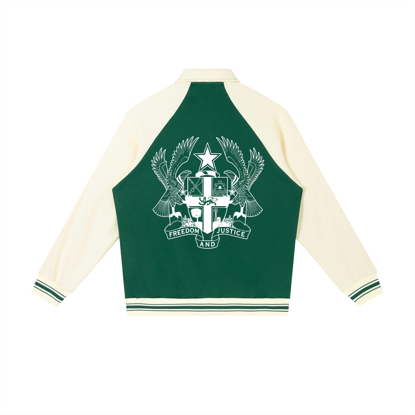 Customizable Ghana Baseball Jacket by ODMPOD featuring a bold Ghana flag design on the front and a classic baseball style.