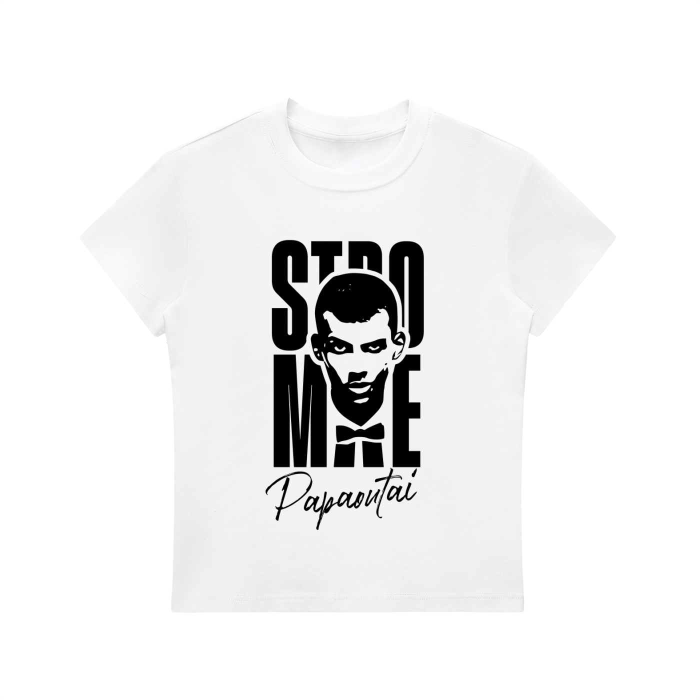 Stromae women's bodycon crewneck T-shirt by ODMPOD featuring a fitted design and crew neckline, displayed on a white background.