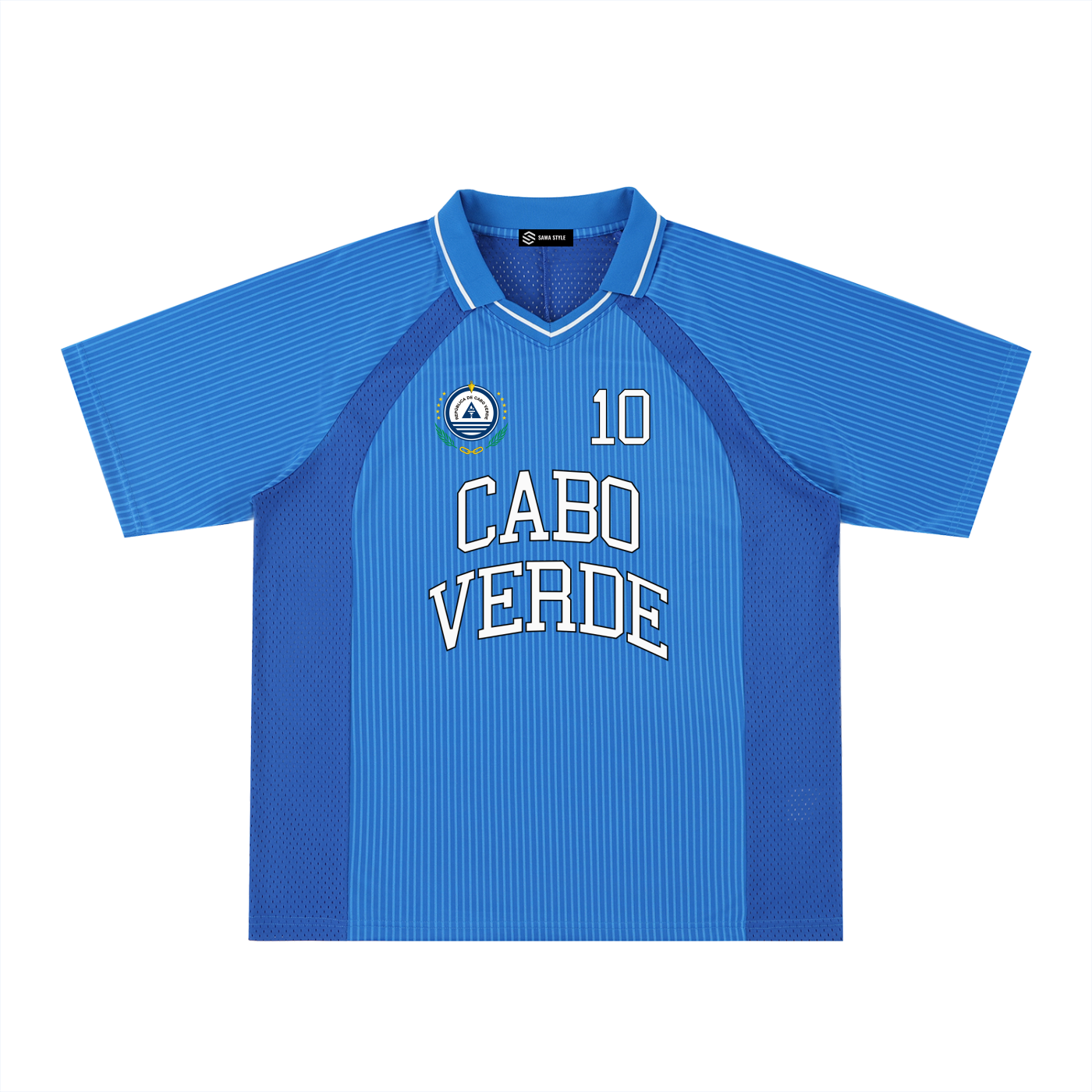 ODMPOD Cabo Verde sports striped V-neck jersey with bold color blocks and athletic design, suitable for sports and casual wear.