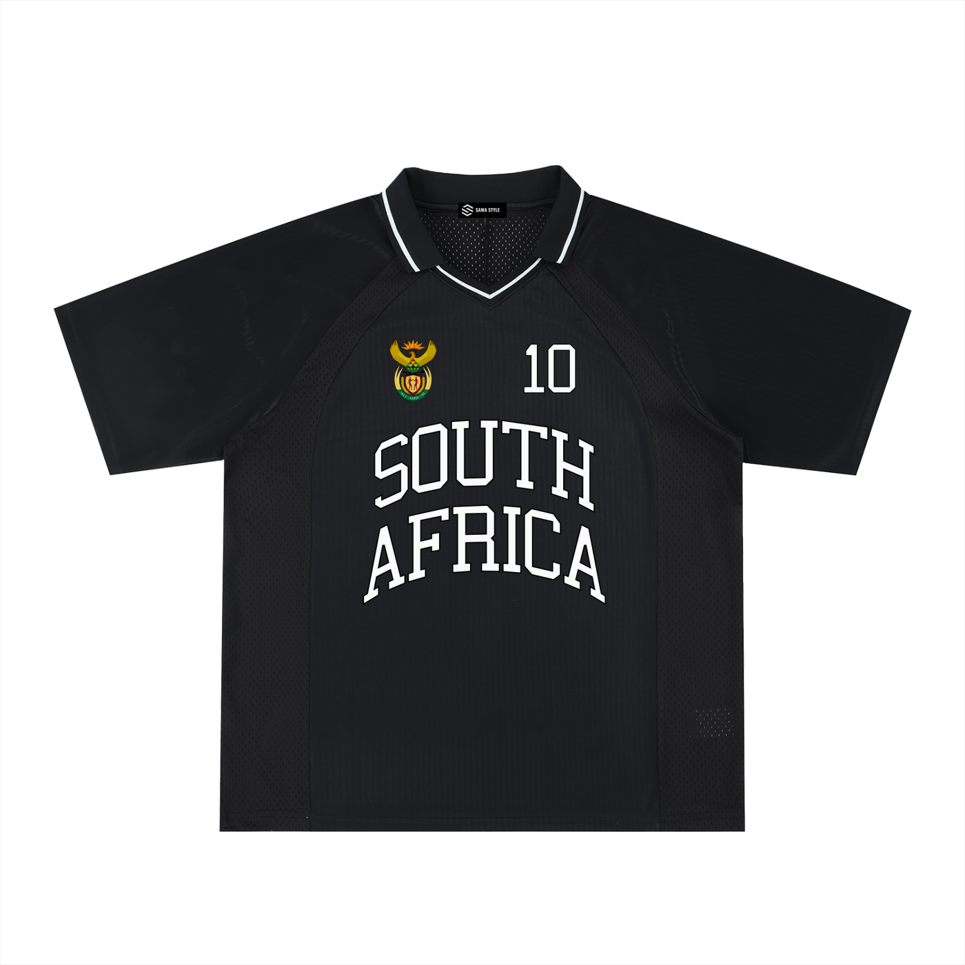 South Africa sports striped V-neck oversized soccer jersey by ODMPOD, featuring bold colors and athletic design.