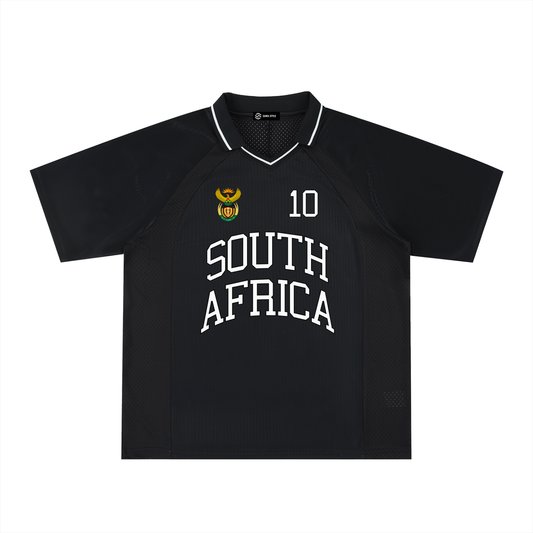 South Africa sports striped V-neck oversized soccer jersey by ODMPOD, featuring bold colors and athletic design.